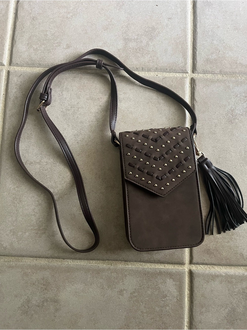 Cato Dark Brown Studded Crossbody Phone Bag with Tassel